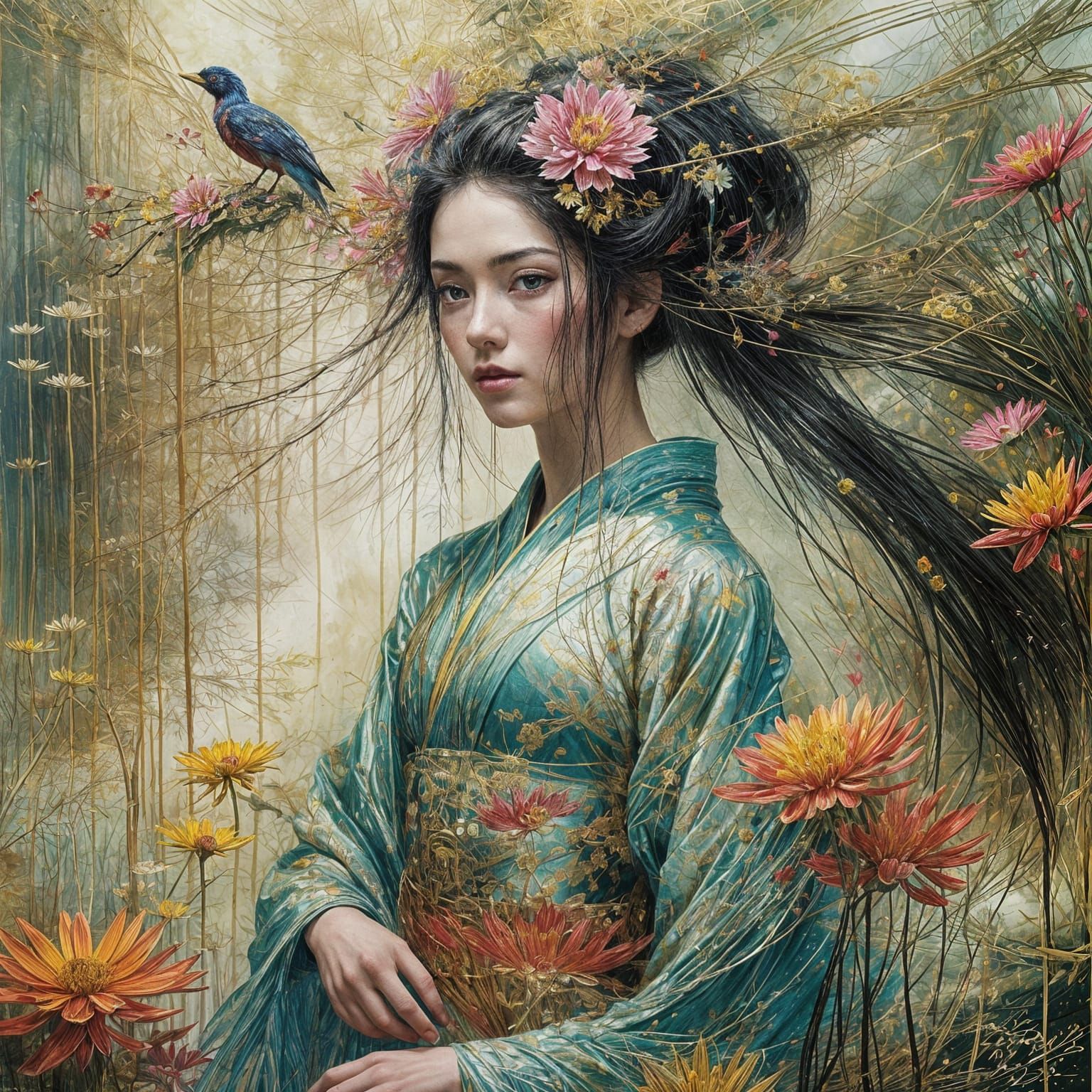 Ethereal Geisha in Whimsical Fantasy Setting