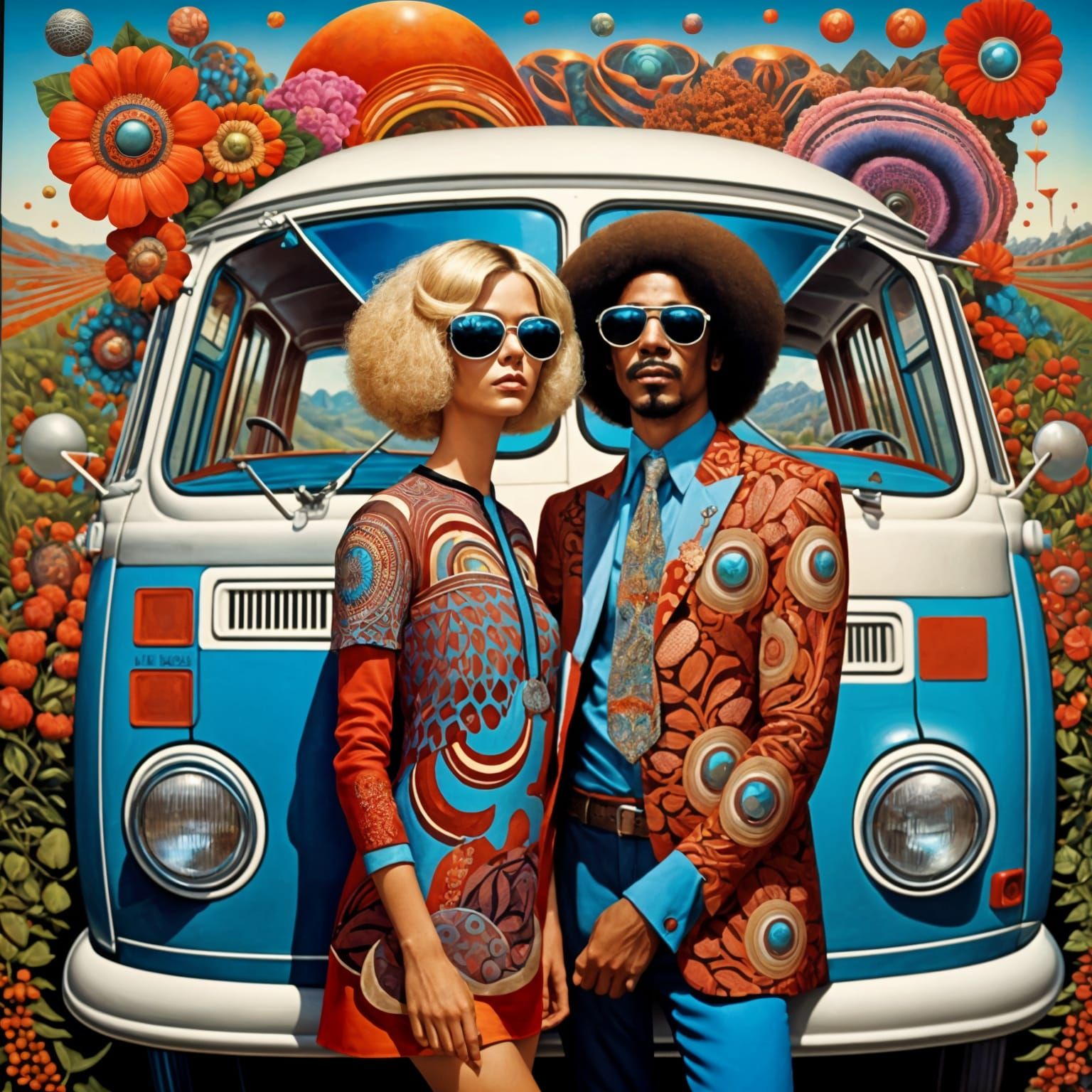 Psychedelic Hippies in Retro VW Van, Surreal Art