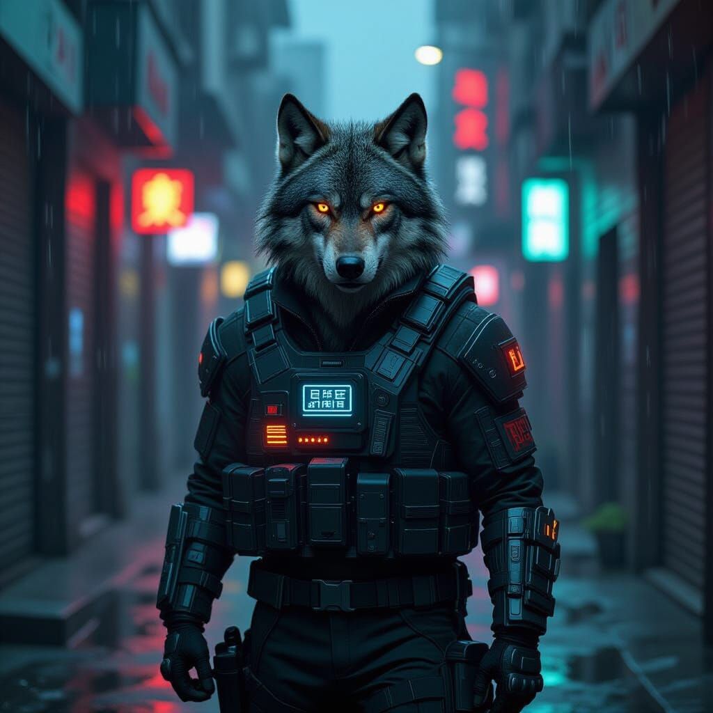 Cybernetic Wolf Guarding Neon Alleyway