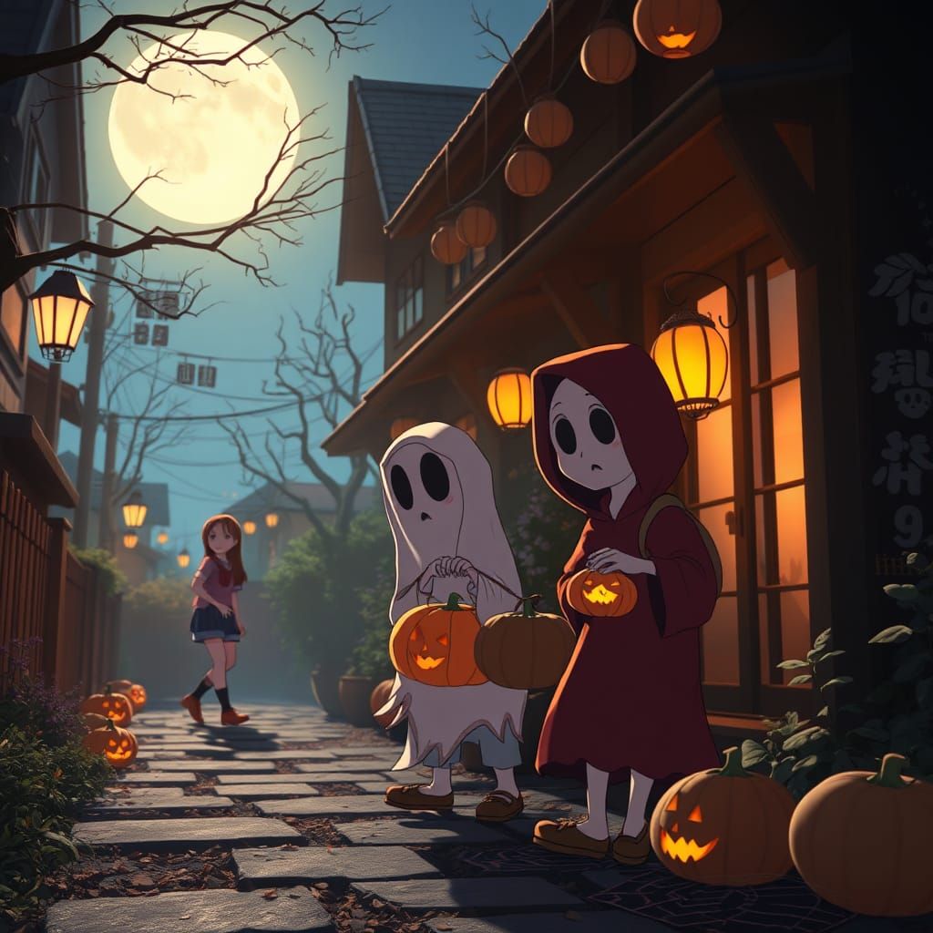 Chicano Ghost Halloween in Studio Ghibli Anime Style