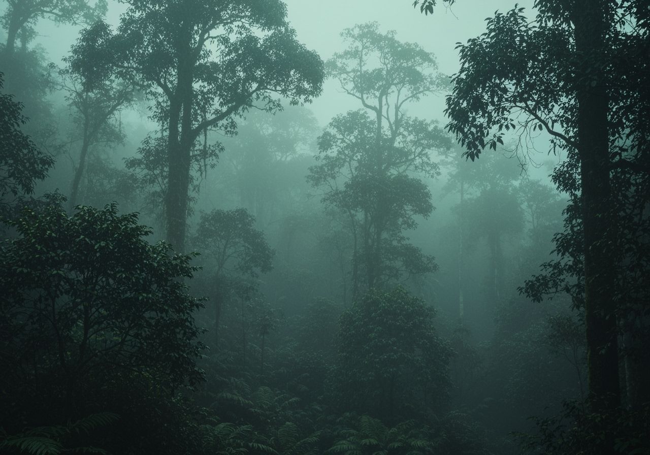Eerie Misty Rainforest Scene in Muted Green and Blue