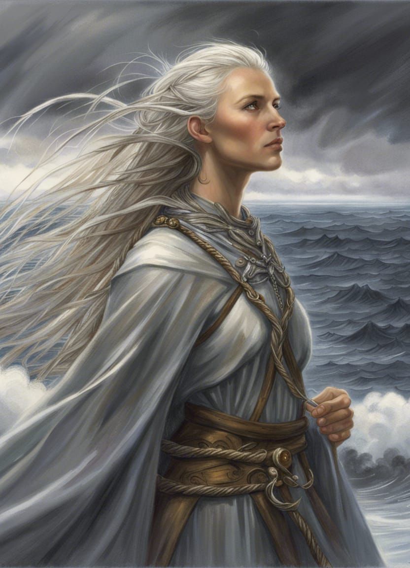 Platinum Braided Warrior Overlooking Stormy Ocean