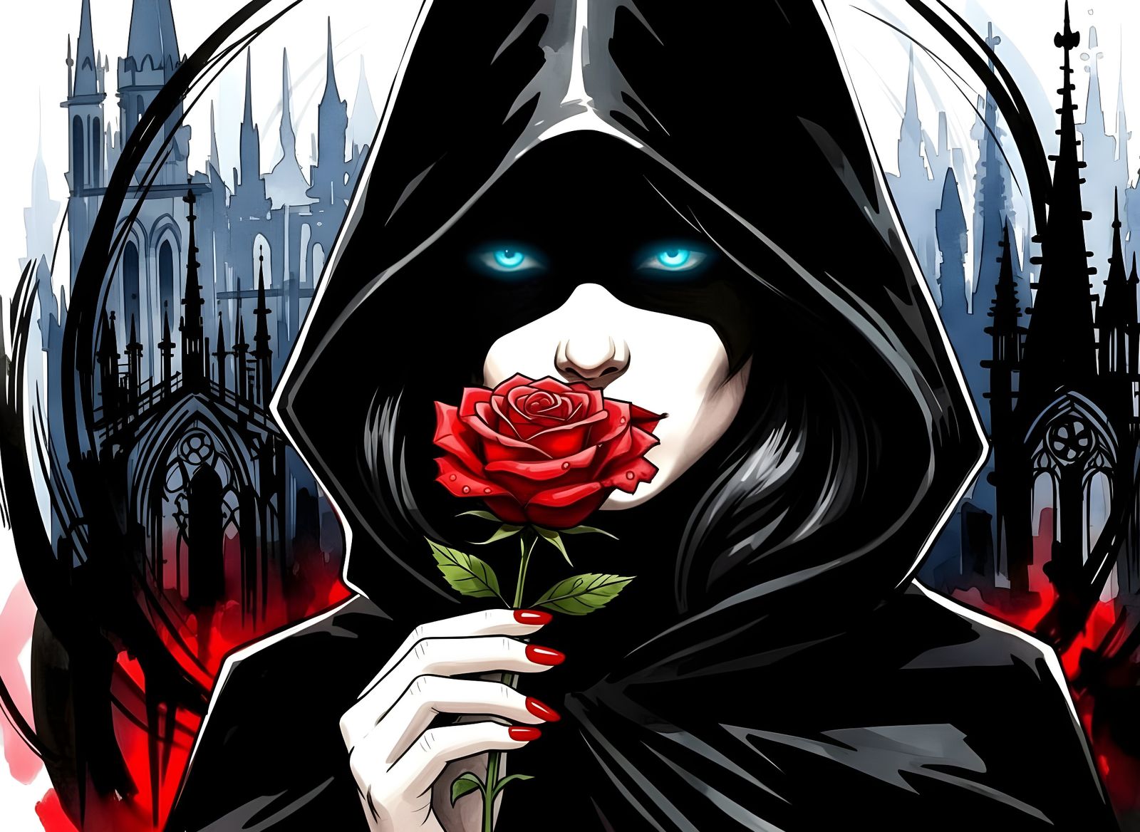 Mysterious Woman with Red Rose in Gothic Watercolor Style