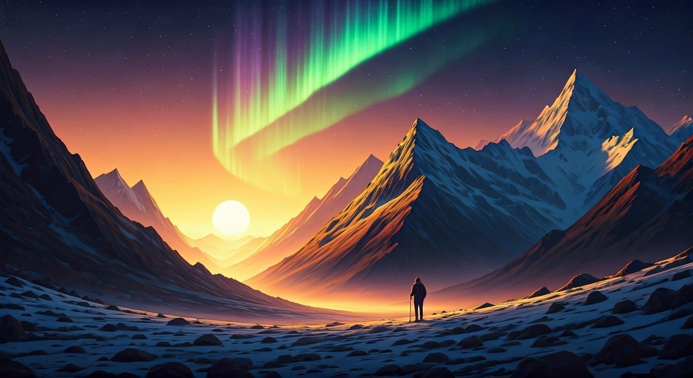 Aurora Borealis Over Misty Mountain Hike