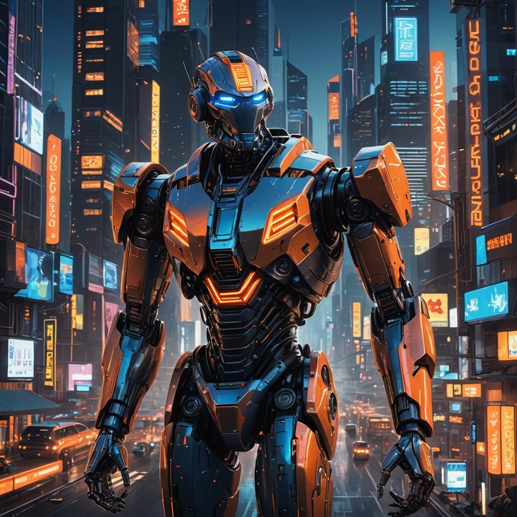 Futuristic Robot Concept Art in Neon Cityscape