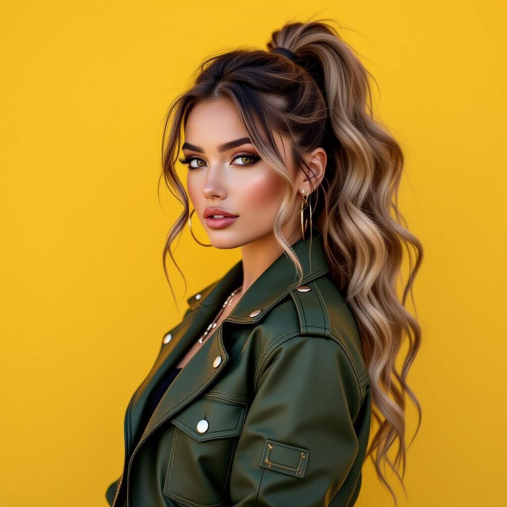 Edgy Woman in Modern Outfit on Yellow Background