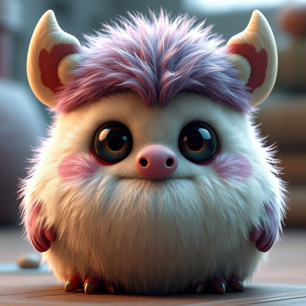 Cuddly Anime-Style Monster with Fluffy Fur and Shining Eyes