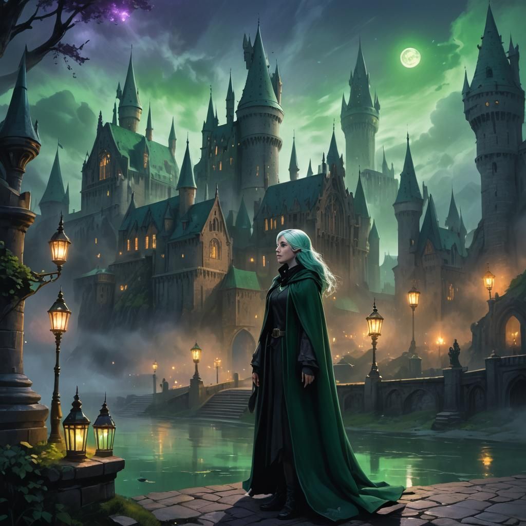 Slytherin Girl in Emerald Hogwarts Landscape