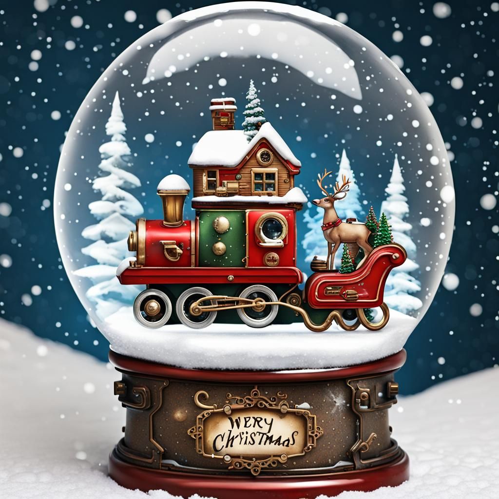 Steampunk Christmas Snow Globe with Santa and Reindeer