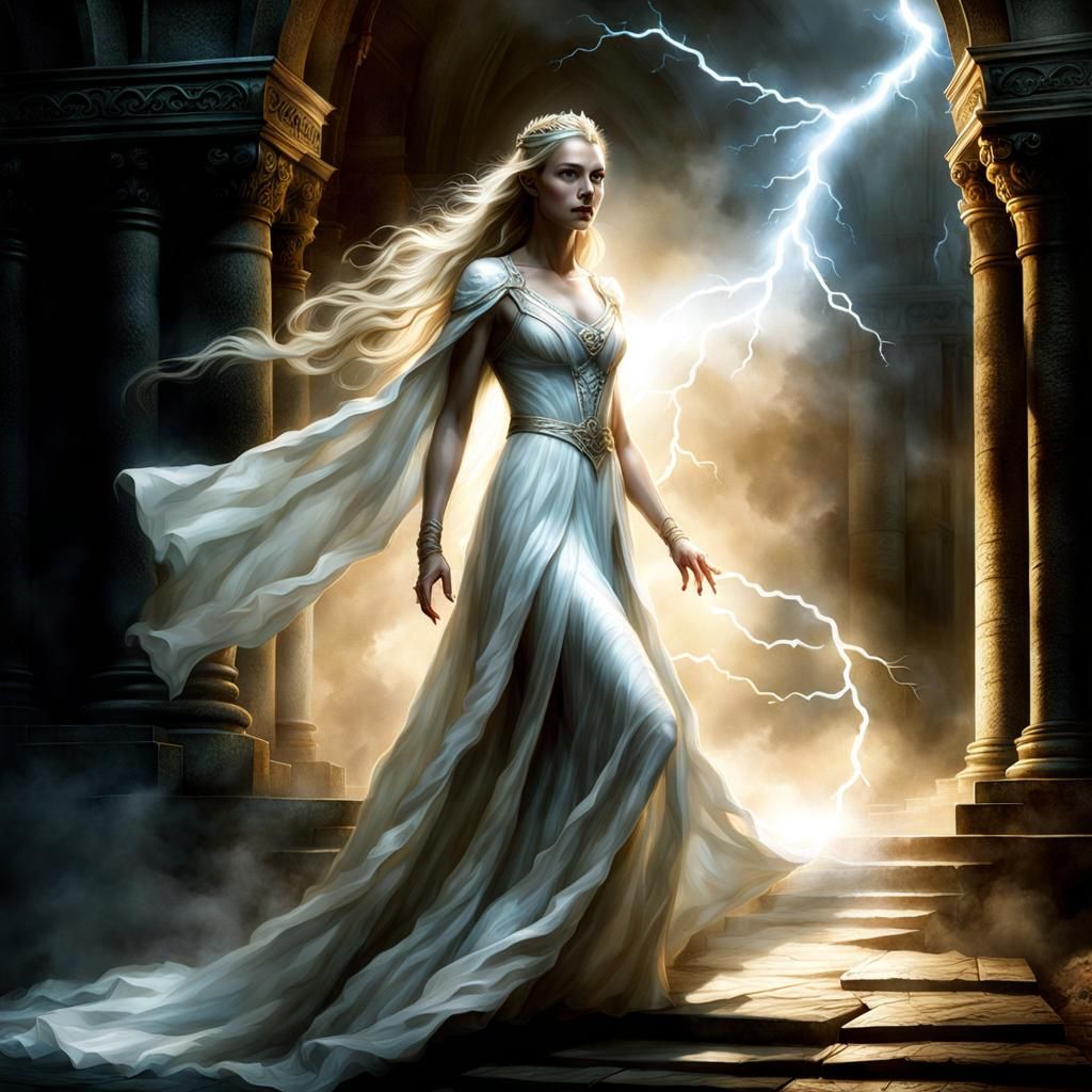 Ethereal Sorceress Battles Shadow in Decaying Fortress