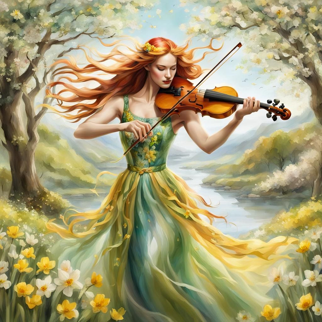 Beautiful Woman Playing Violin in Spring Setting