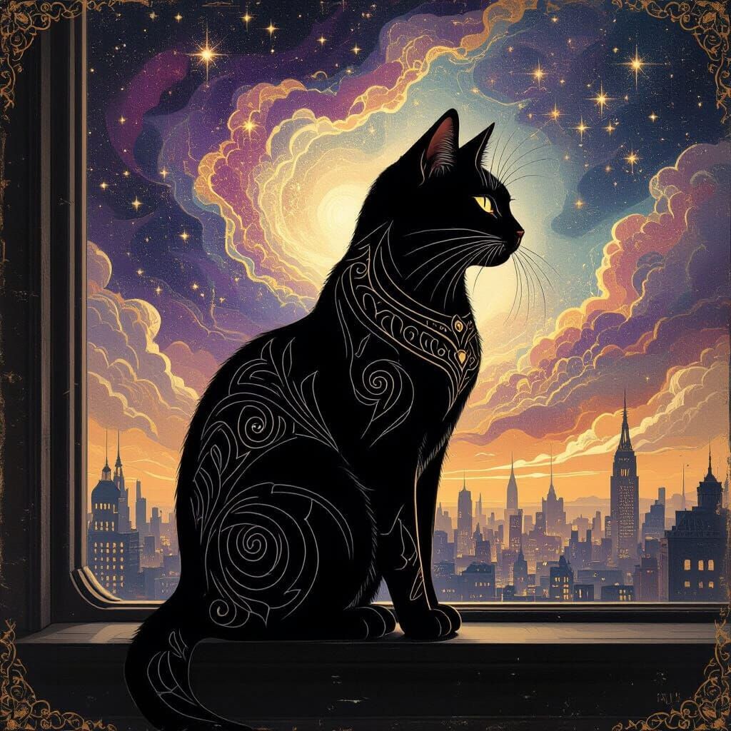 Art Deco Cat Silhouette Against Impressionistic Night Sky