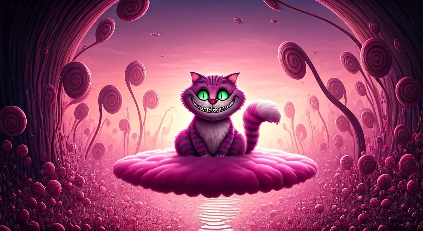 Whimsical Feline Enigma soars above a Sweet Dreamscape