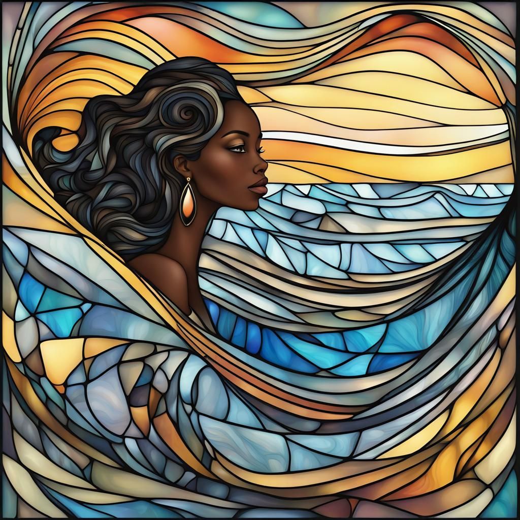 Stained Glass Black Women Ocean Sunset Abstract