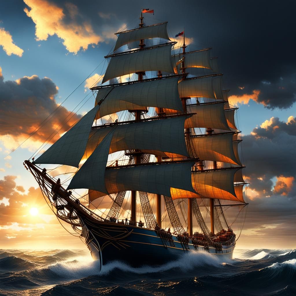 Stormy Seas: Golden Hour Glow on Sailing Ship
