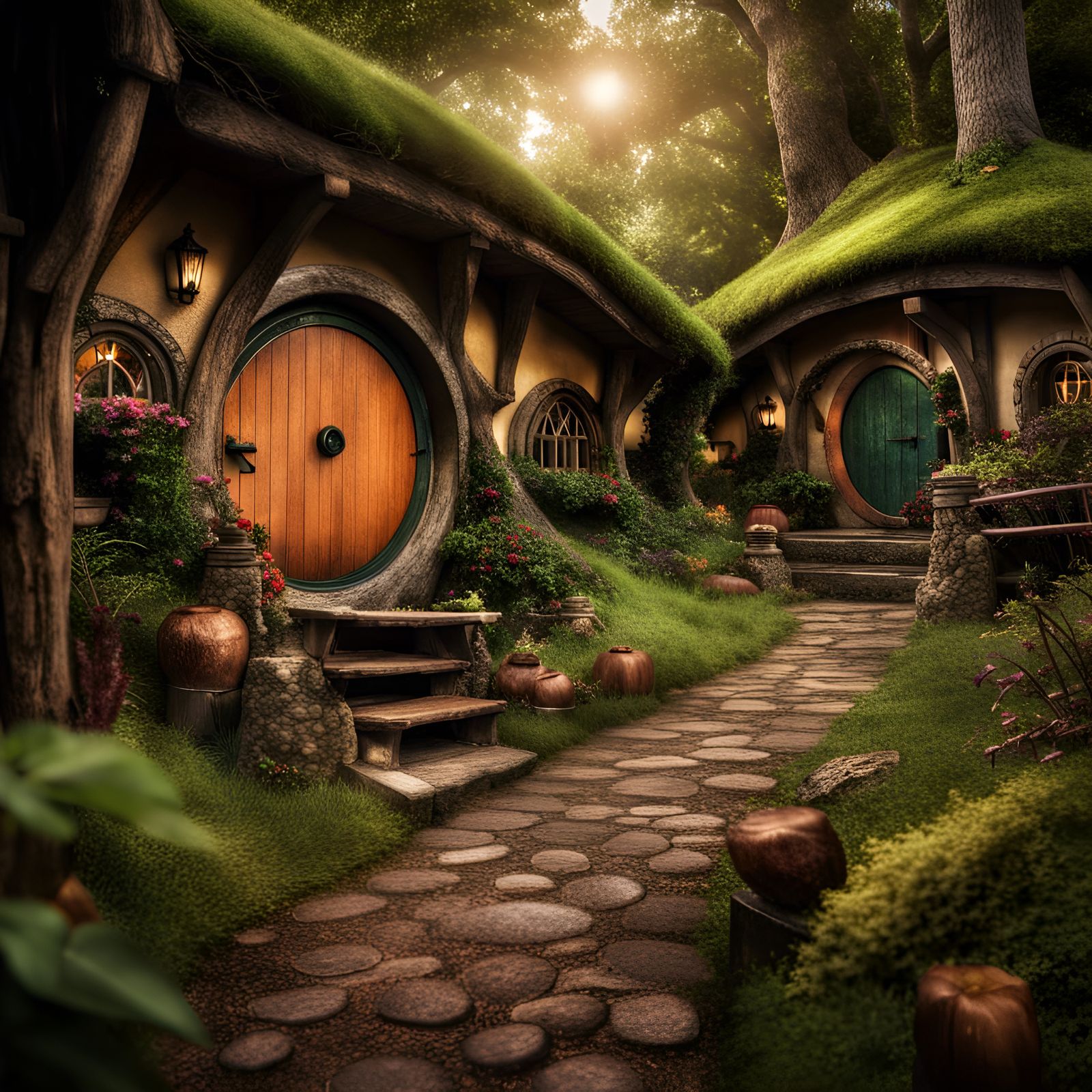Hyperrealistic Hobbit Village in Atmospheric Lighting