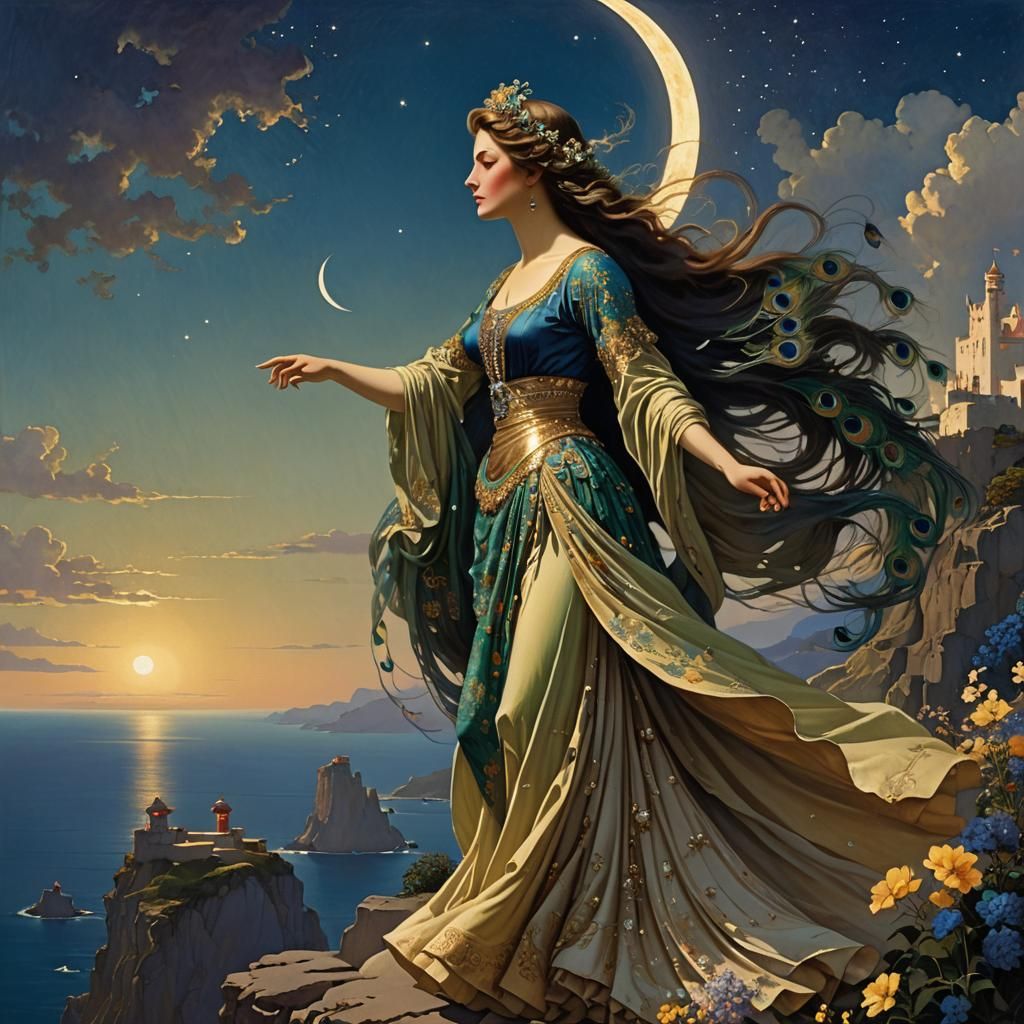 Grecian Dancer with Peacock Feathers in Art Nouveau Style