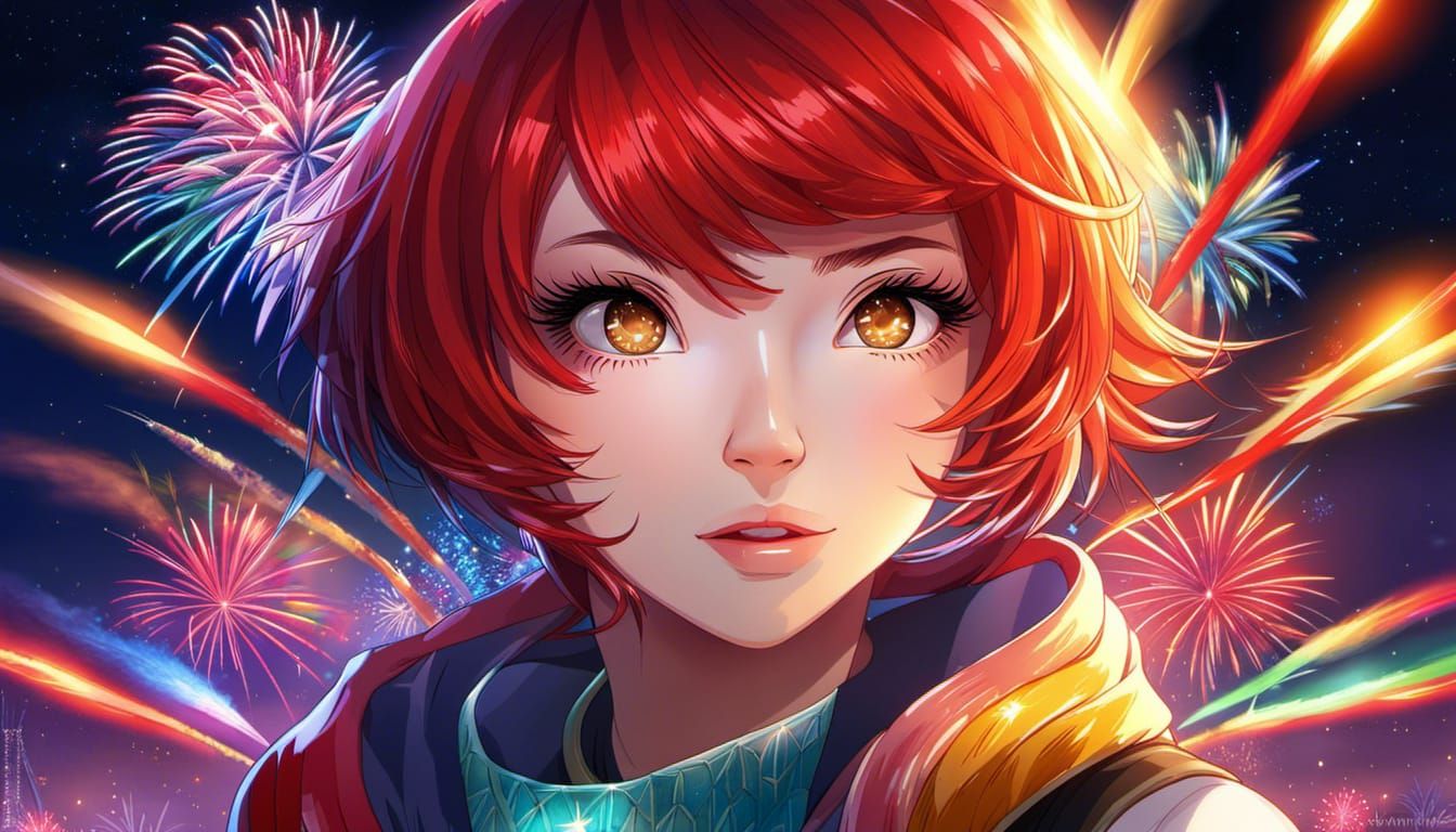 Anime Woman with Rainbow Eyes and Fireworks