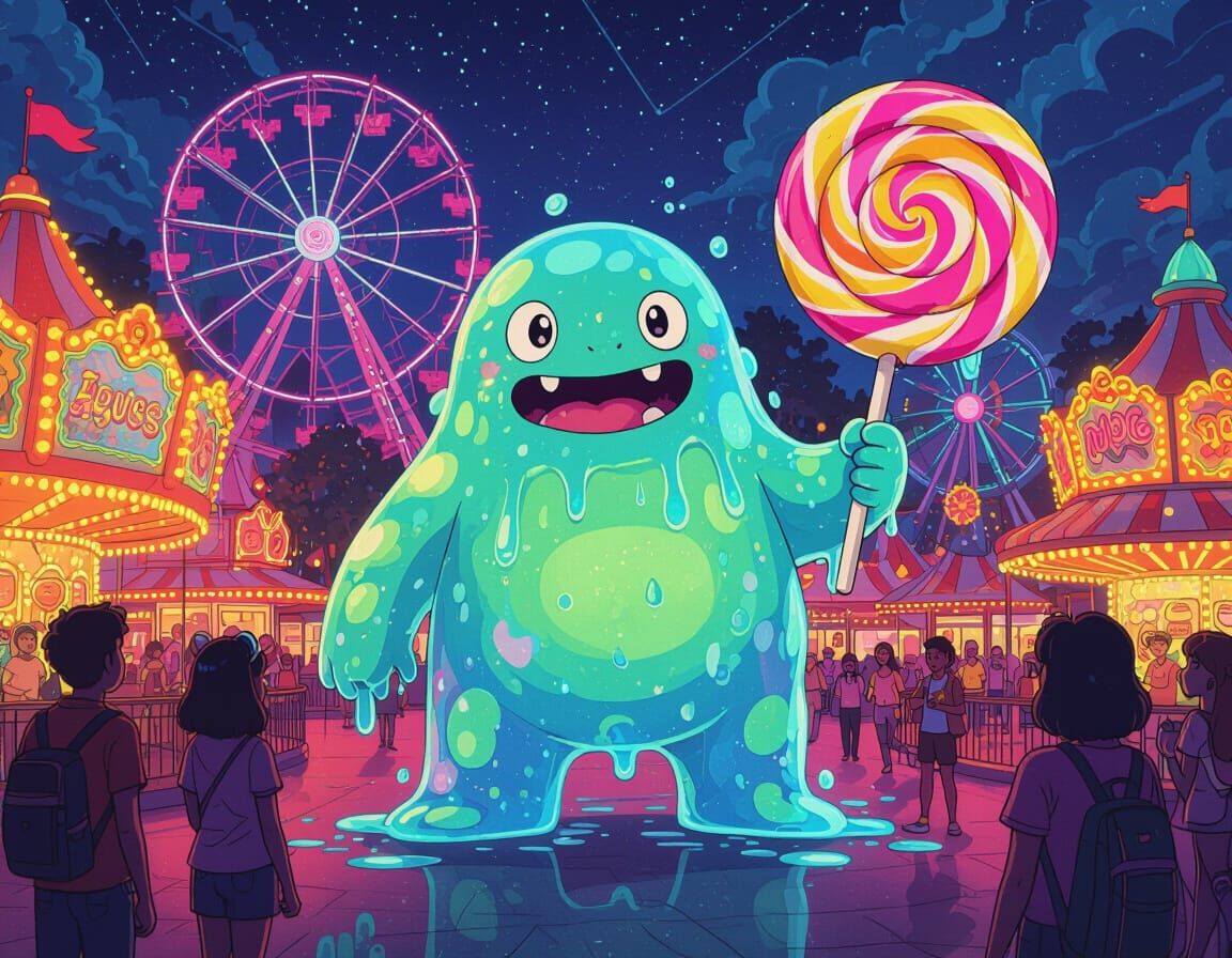Bioluminescent Slime Monster at Neon Amusement Park