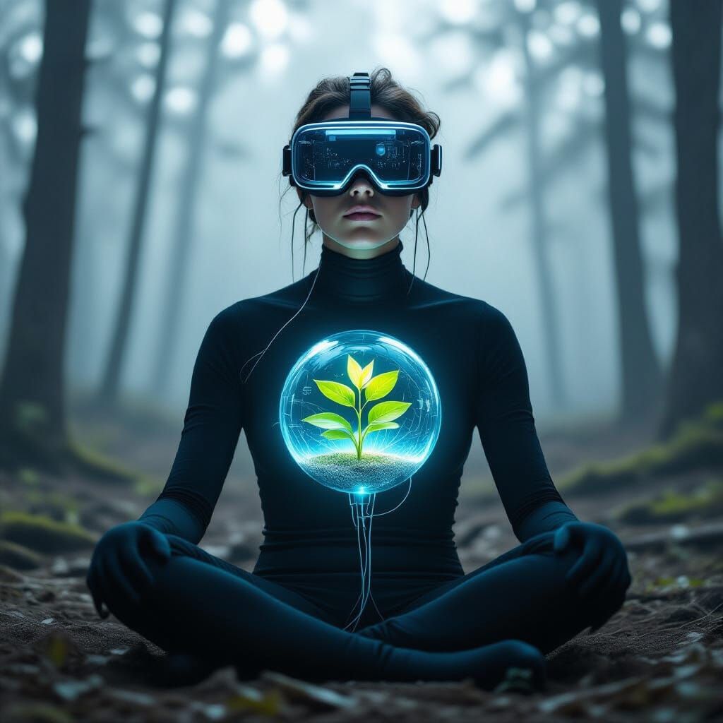 Hyperrealistic Portrait: Cyborg with Plant-Heart in Foggy Fo...