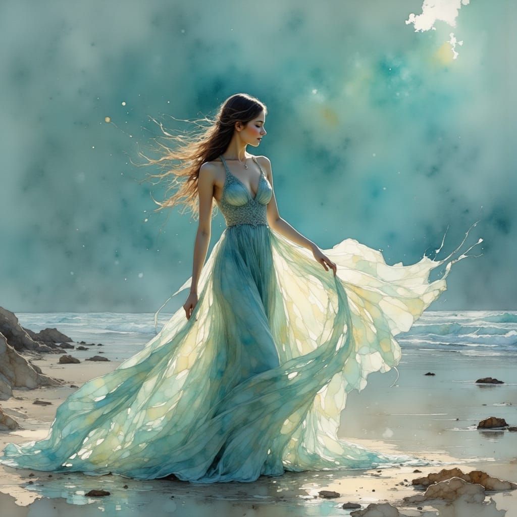 Ethereal Sea-Elf Woman Amidst Turquoise Waves