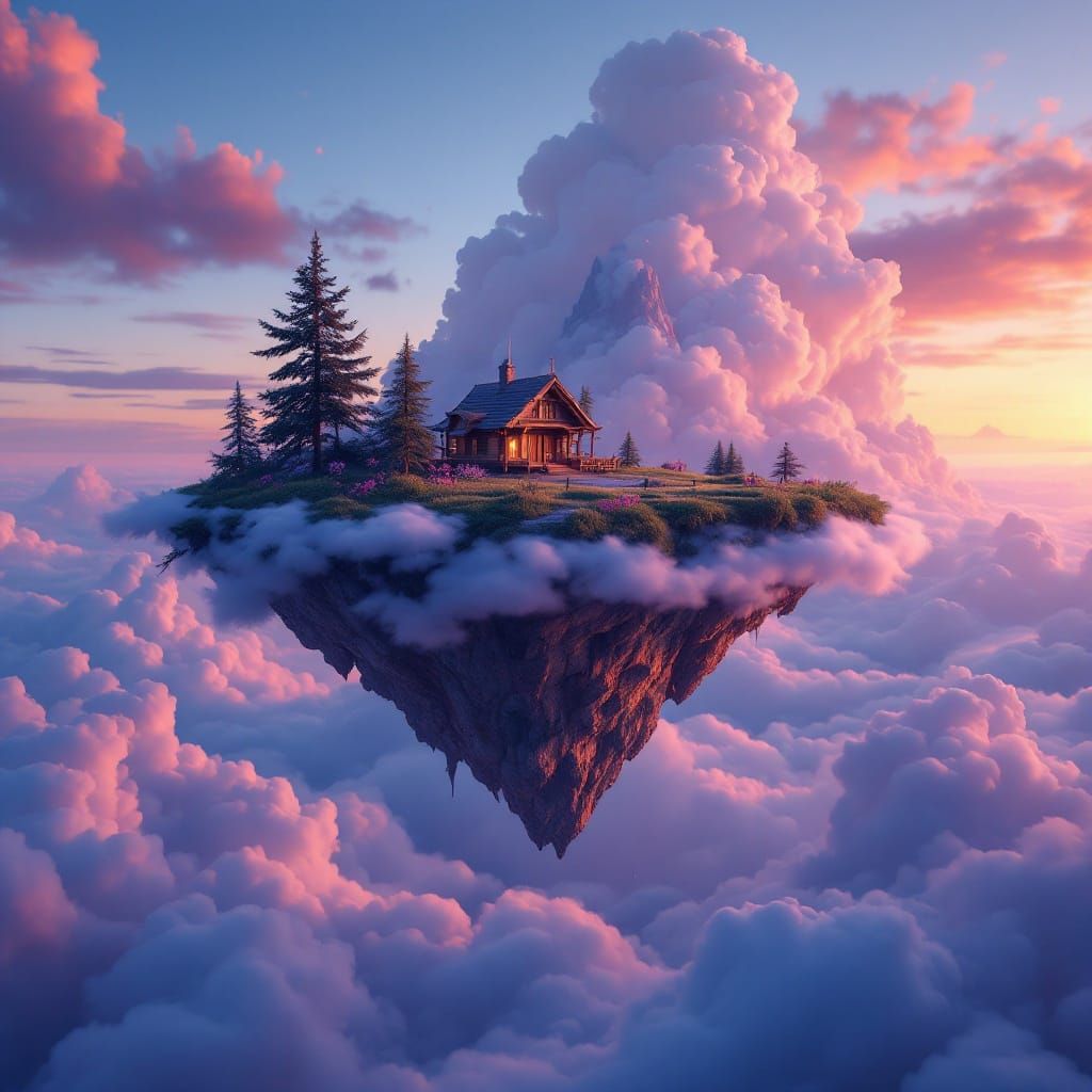 Vibrant Cloud Island at Dusk: A Fantastical Floating Oasis