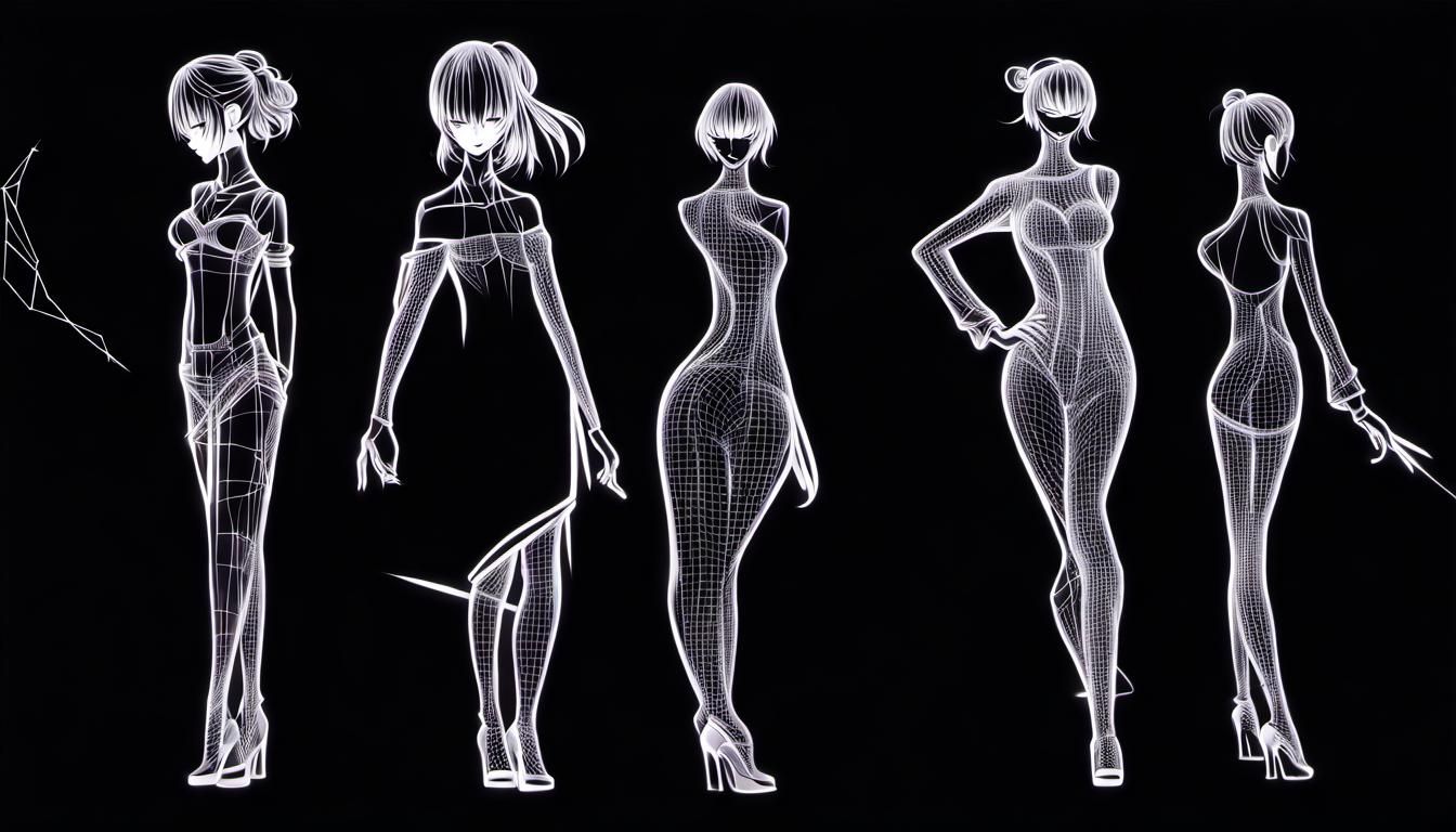 Transparent Manga Women on Runway in Linear Space