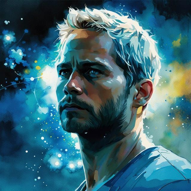 Watercolor Portrait of Paul Walker with Bioluminescent Flowe...