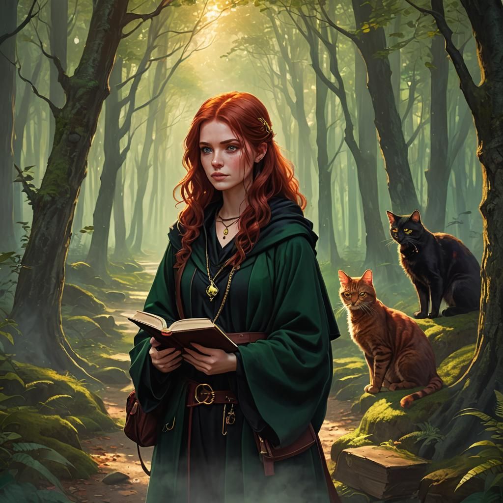 Girl with Cat in Forest, Fantasy Illustration