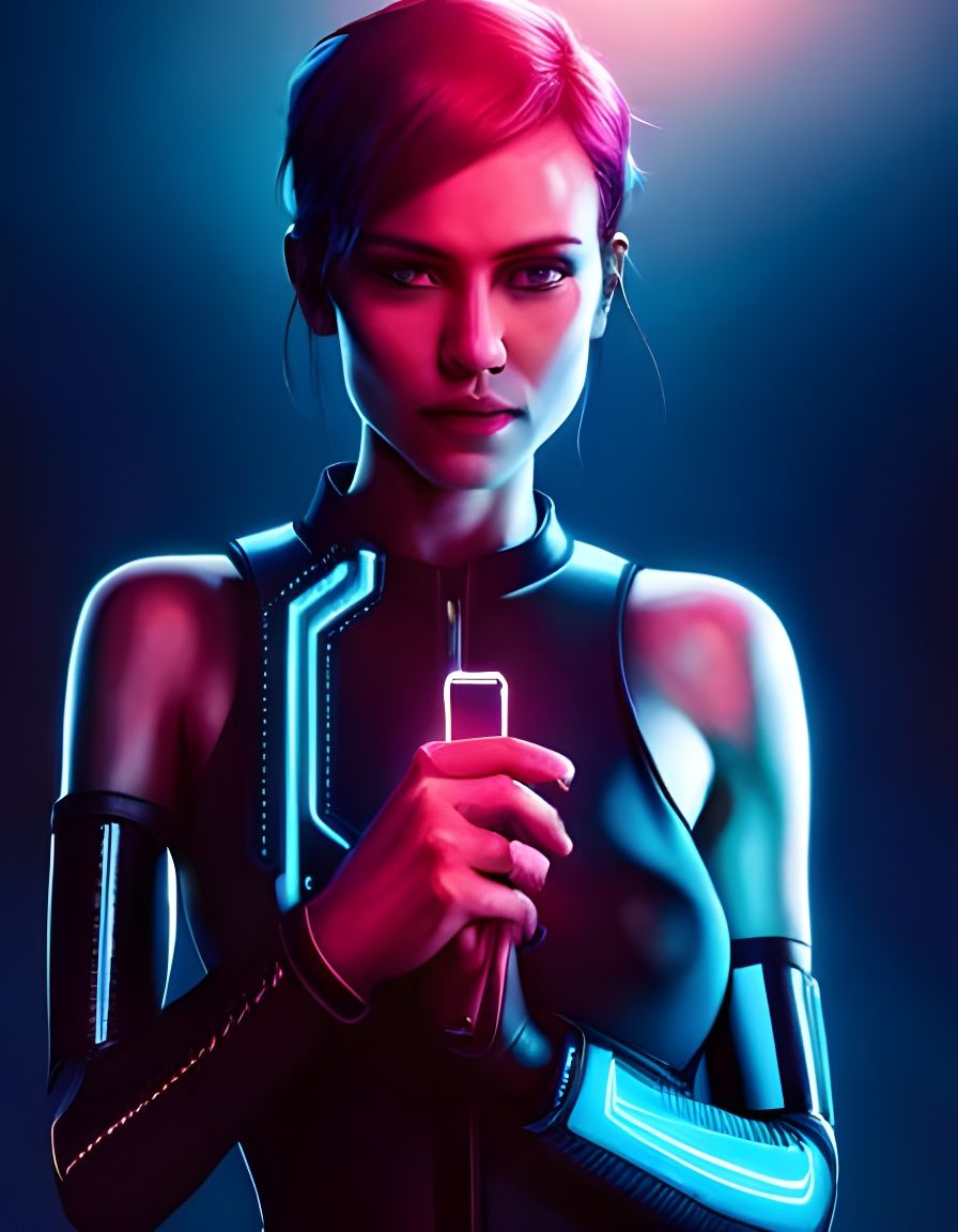 Sleek Cyberpunk Android Holding a Glossy Sign