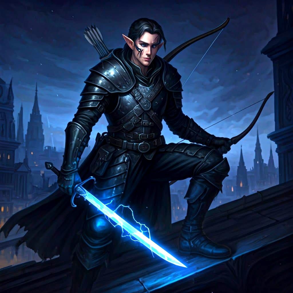 Half-Elf Rogue on Rooftop with Lightning Sword