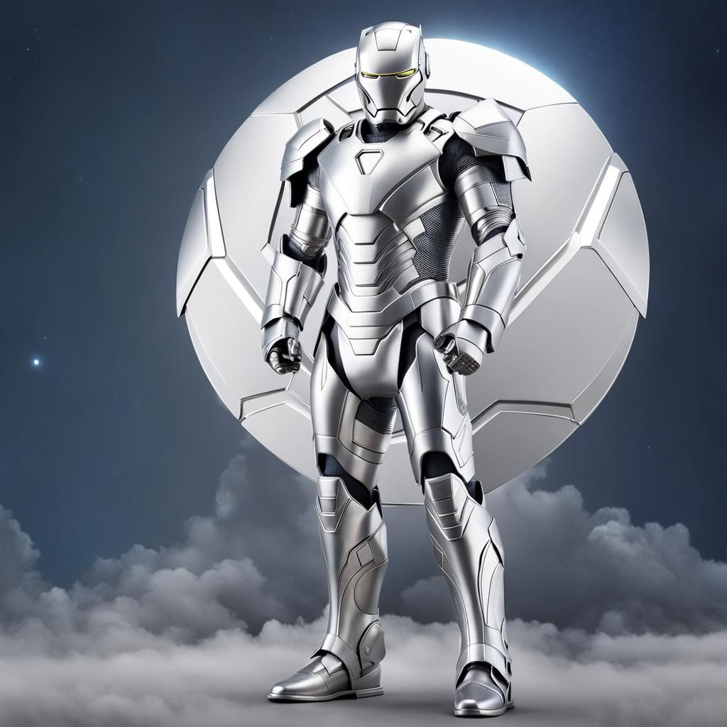 silver white Asgardian Iron Man fusion armour on night sky background