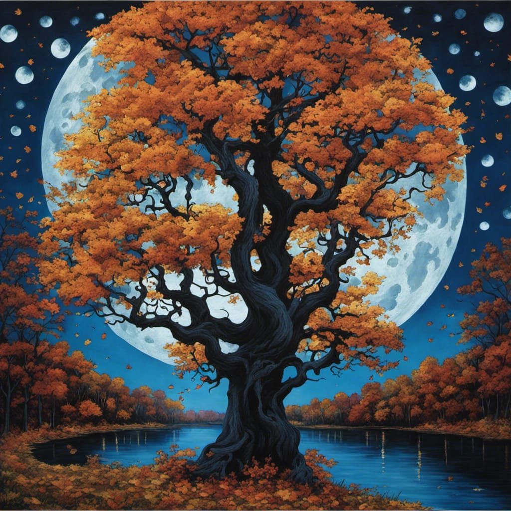 Gothic Oak Tree and Moon in Tim Burton Style