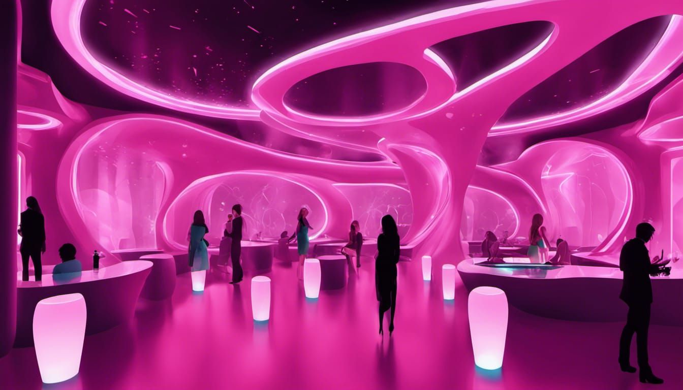 Futuristic Nightclub Interior with Aquarium Pillars