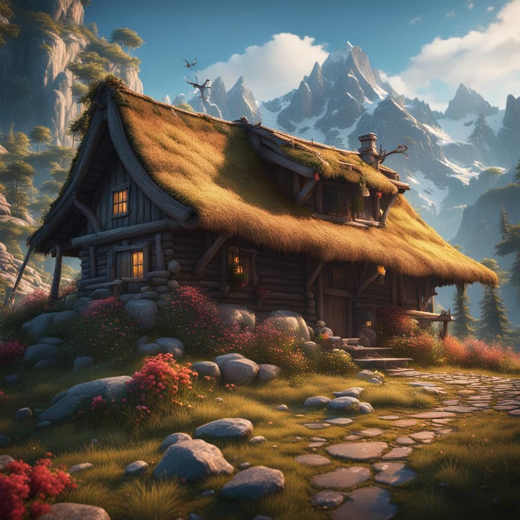 Homely Mountain Hut in Detailed Matte Painting