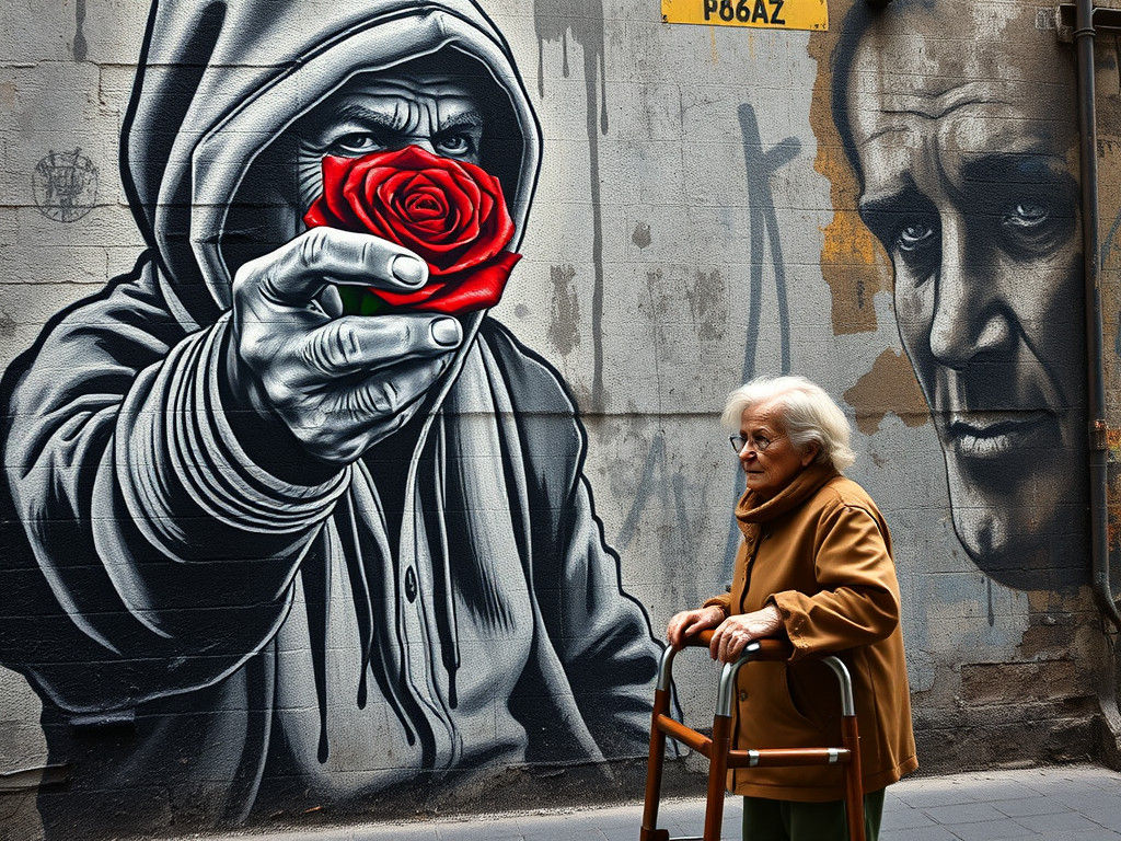 Striking Street Art Mural of Elderly Man with Rose
