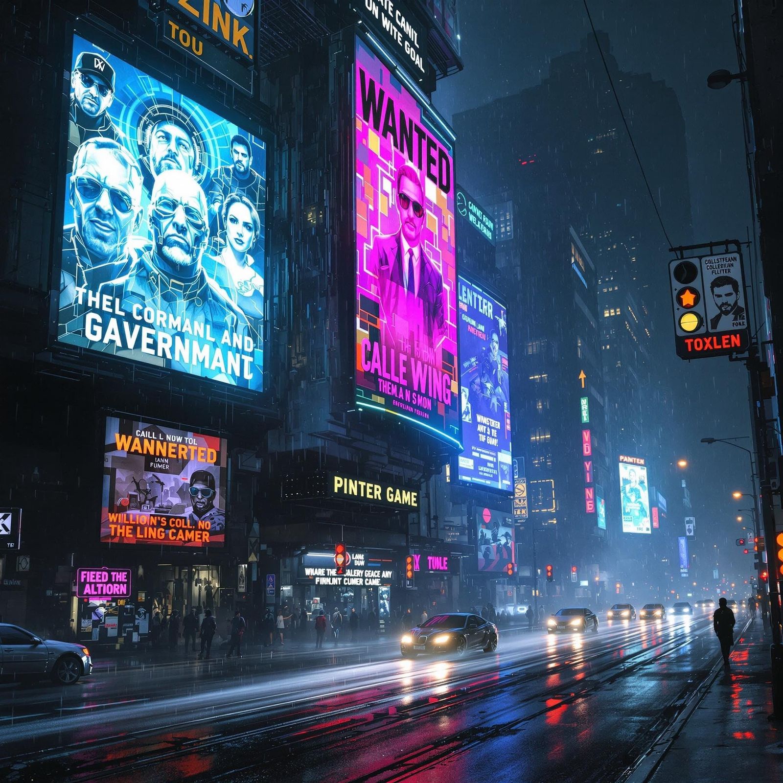 Holographic billboards, including government propaganda and criminal wanted posters, in a futuristic cyberpunk city at n...