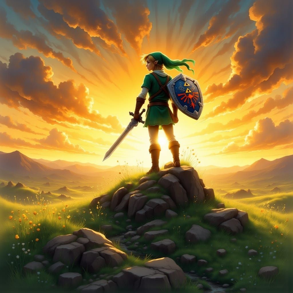Link in Hylian Field at Dawn, Painterly Style