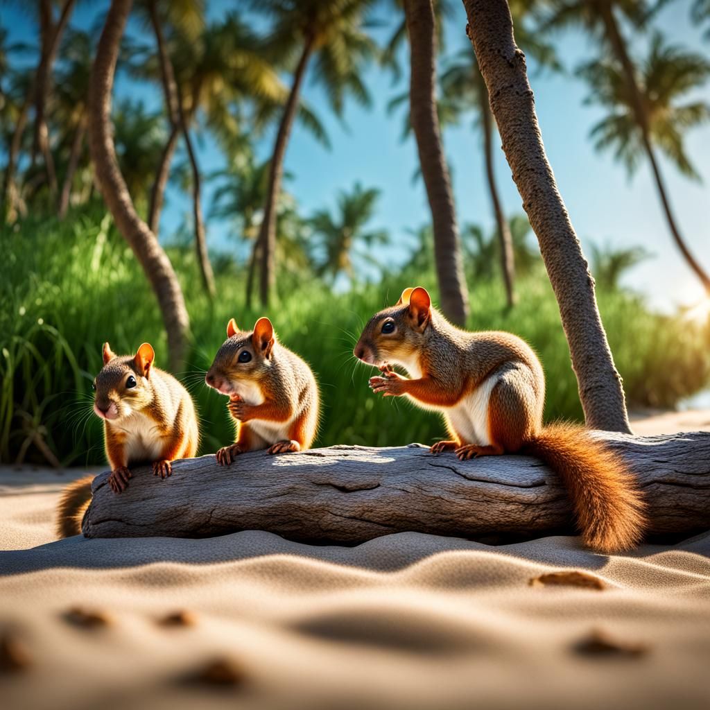 Squirrels on a Sunny Beach: Hyperrealistic HDR Photo