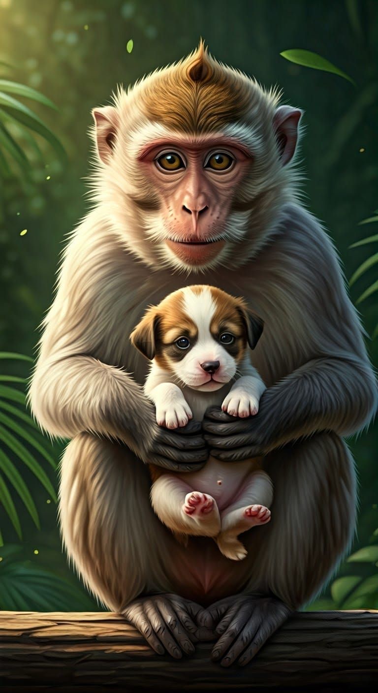 Monkey Motherly Love in Whimsical Forest Scene