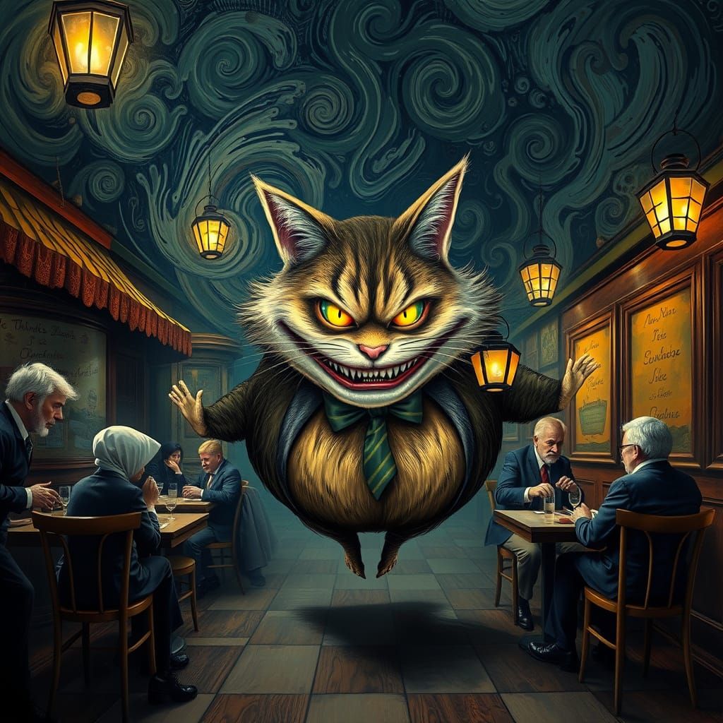 Trump as Whimsical Cheshire Cat in Surrealist Dreamscape