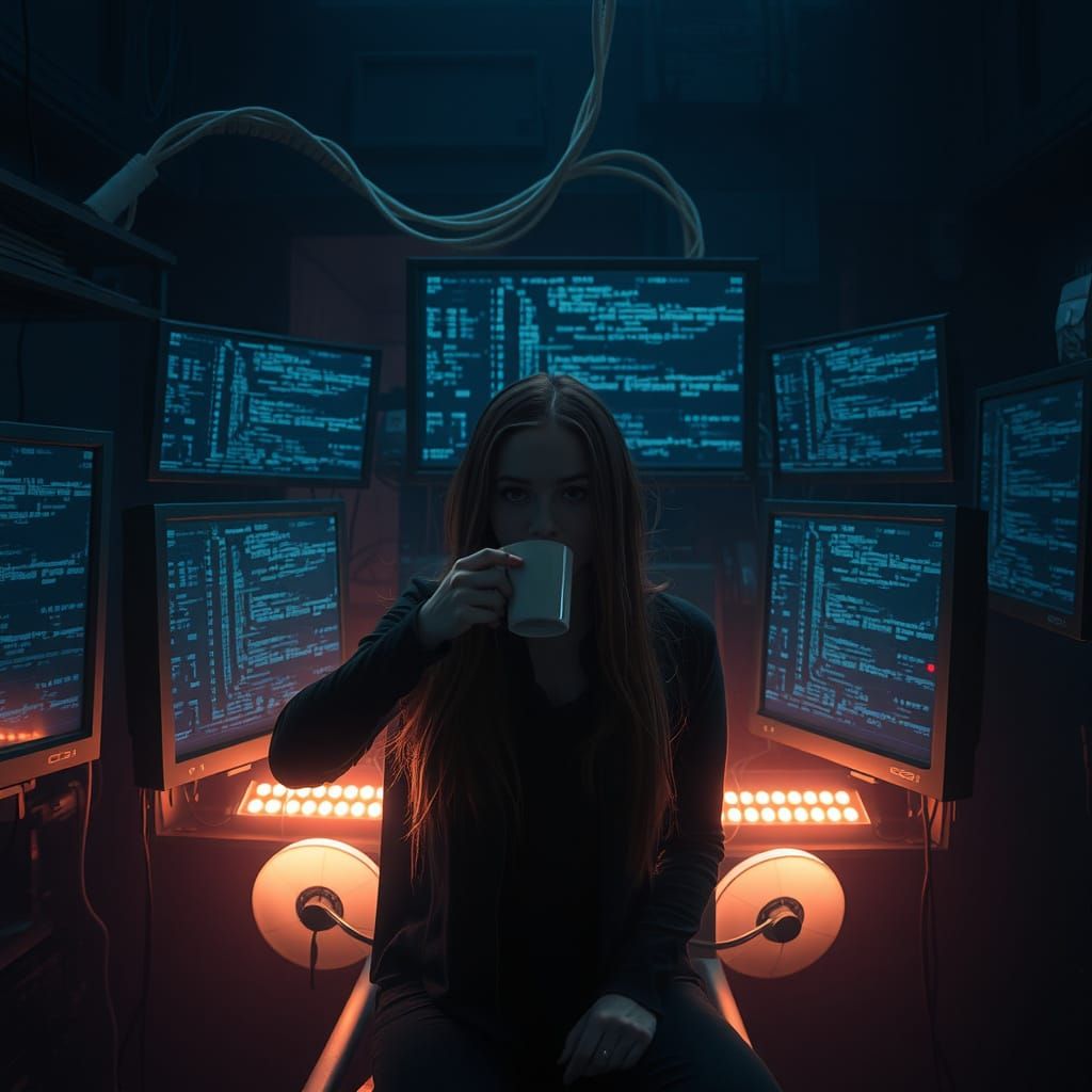 A Woman Surrounded by Code and Coffee in a Dark Futuristic W...