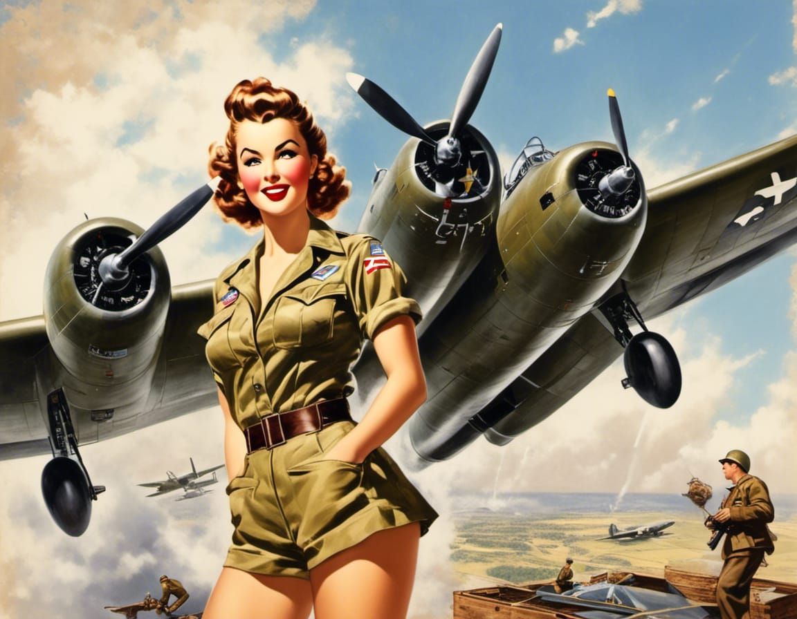 Classic Pinup Girl with Bomber Airplane, 1940s Style