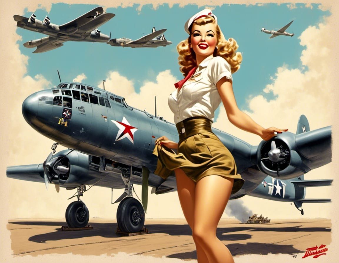 Classic WW2 Pinup Girl with Bomber and Graffiti