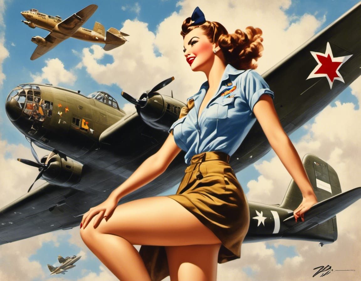 WW2 Pinup Girl Flies with B-2 Bomber in Vibrant 1940s Splatt...
