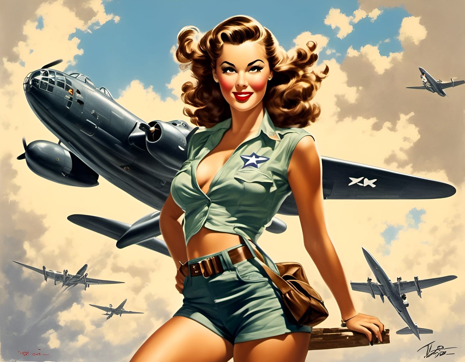 WW2 Pinup Girl with Bomber, 1940s Style