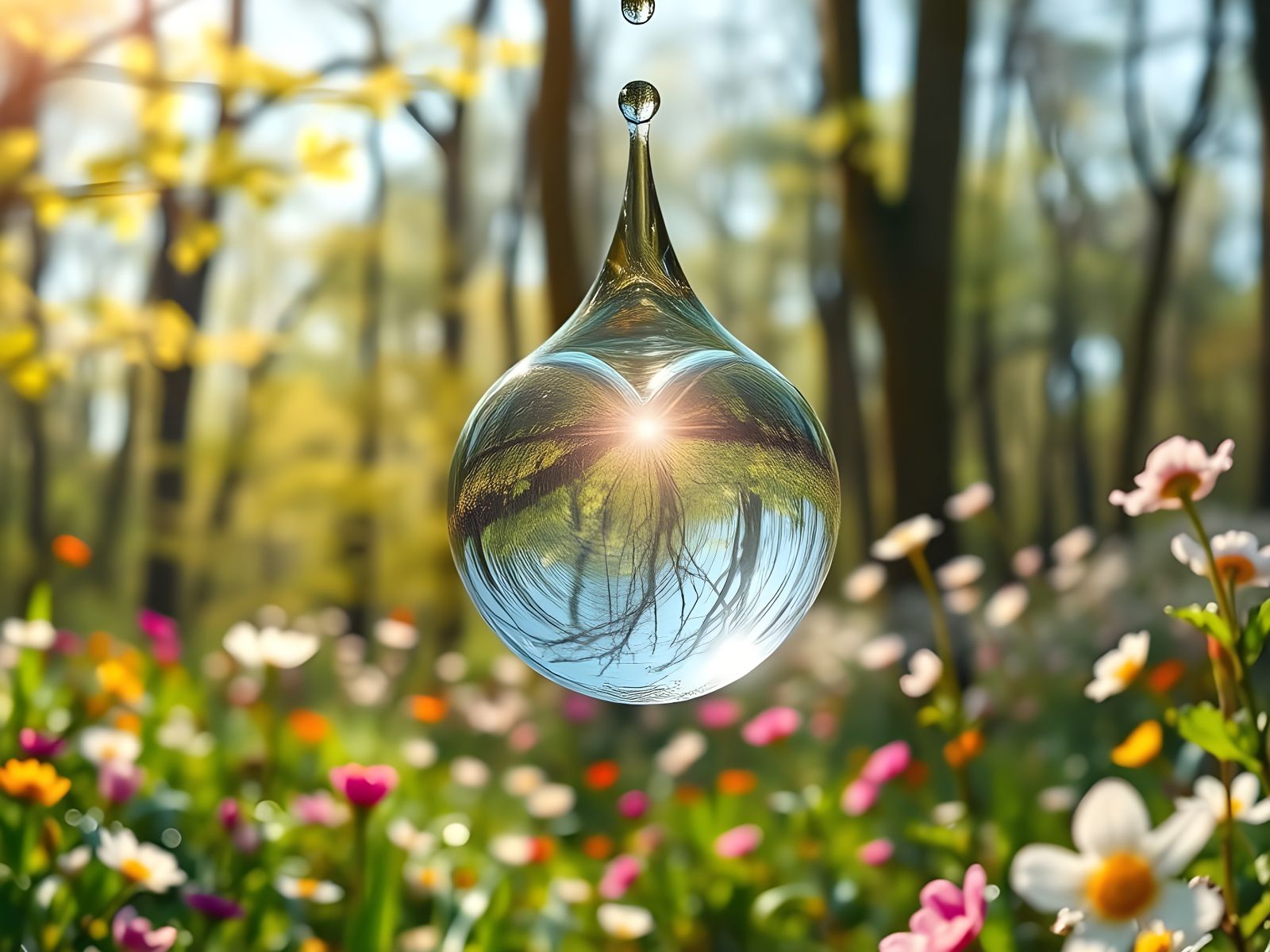 Vibrant Spring Scene in Forest Glade with Heart-Shaped Water...