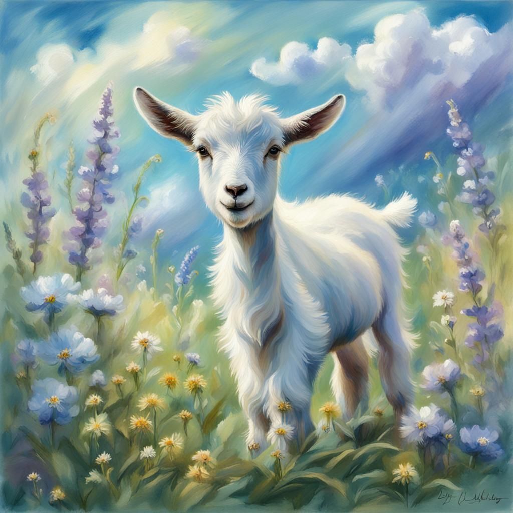 Baby Goat in Wildflower Field, Impressionistic Style
