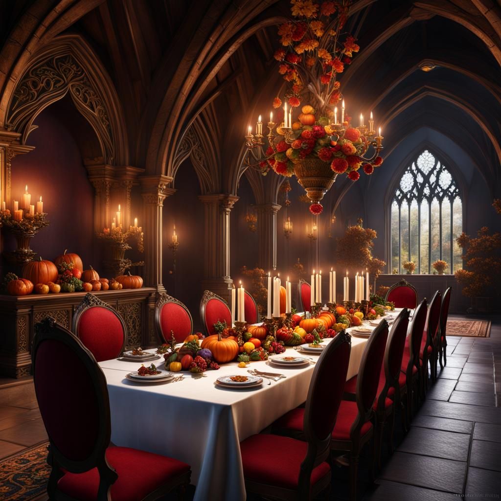 Harvest Festival Banquet Table, Detailed Matte Painting