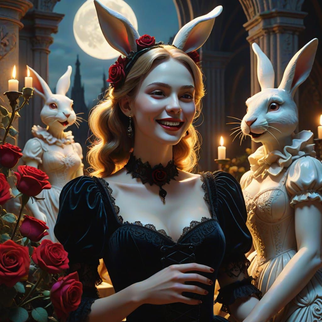 Rabbit-Eared Women in Moonlit Gothic Courtyard